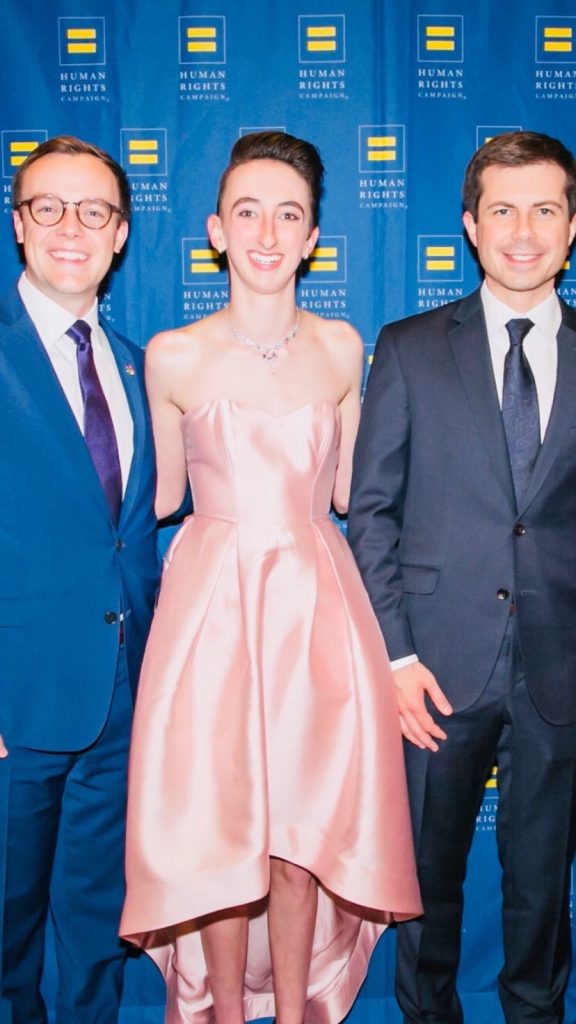 Sophomore Olivia Pinocci-Wrightsman poses with presidential candidate Pete Buttigieg (right) and his husband, Chasten (left) at the Human Rights Campaign in Las Vegas on May 11.