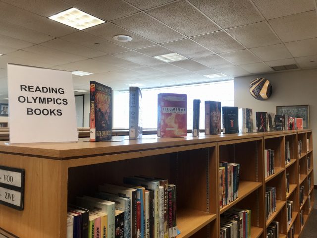 This years Reading Olympics books are on display in the EHS library. Photo courtesy of Kelly Bower.