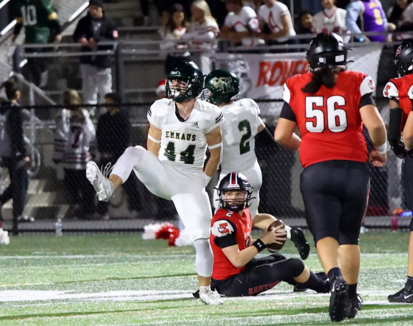 Linebacker Reilly Bechtel celebrates a sack on Easton Red Rovers Quarterback Cole Ordway. 