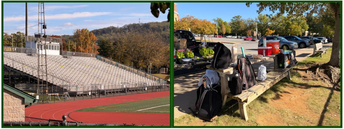 Photo of bleachers in EPSD football stadium. Photo of one of the four tennis benches being occupied by players' equipment. Photos by Kam Vogel. 