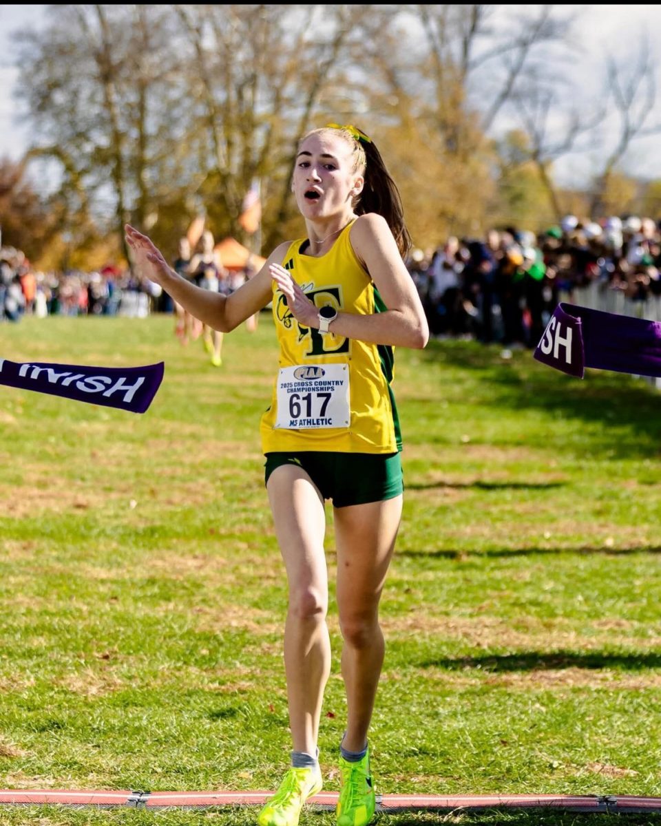 On Nov. 1, 2025, Mady McCartney crosses the finish line to win the title, PIAA girls state champion. Photo courtesy of McCartney. 
