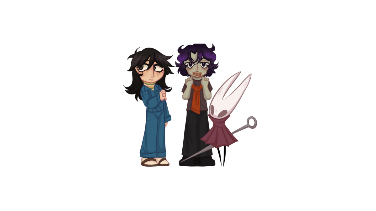 Left: Anya, the nurse on the crashed cargo ship in “Mouthwashing.” Center: Wireface, a mysterious individual who appears at your door in “No, I’m Not a Human.” Right: Hornet, warrior and insectile protagonist of “Hollow Knight: Silksong.” Art by Arwen Causa.