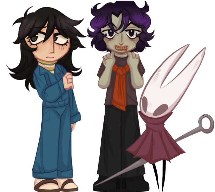 Left: Anya, the nurse on the crashed cargo ship in “Mouthwashing.” Center: Wireface, a mysterious individual who appears at your door in “No, I’m Not a Human.” Right: Hornet, warrior and insectile protagonist of “Hollow Knight: Silksong.” Art by Arwen Causa.