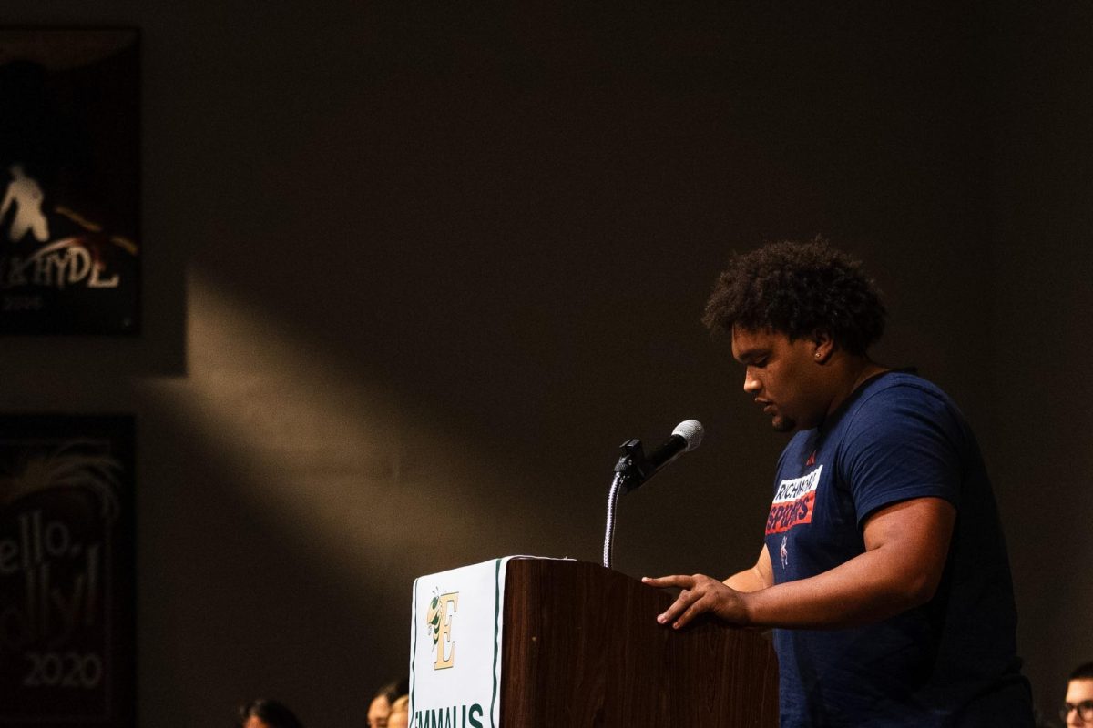 Robert Edwards announces his commitment to the University of Richmond to play football. Photo by Danii Rivera.