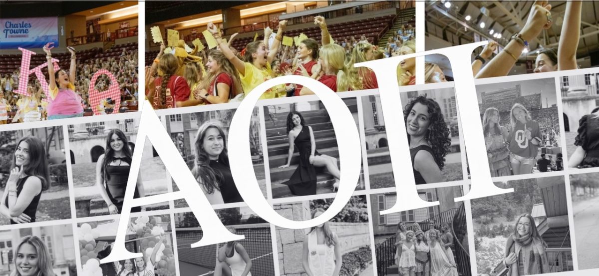 Top left, middle, and right: College of Charleston's Kappa Alpha Theta sorority celebrating their new members during bid day. 
Photo courtesy of @cofcpanhellenic on Instagram. Greek letter graphic courtesy of Canva. Collage: Portraits of College of Charleston 2025 Panhellenic Council members. Photo courtesy of @cofcpanhellenic on Instagram. Oklahoma Alpha Omicron Pi, Arizona Alpha Phi, and College of Charleston sorority sisters smiling as they engage in greek life activities. Photo courtesy of @cofcpanhellenic, @az_alphaphi, and @ouaoii on Instagram. Graphics courtesy of Canva.